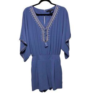 White House Black Market Blue Embroidered V-Neck Tassels & Elastic Waist Romper